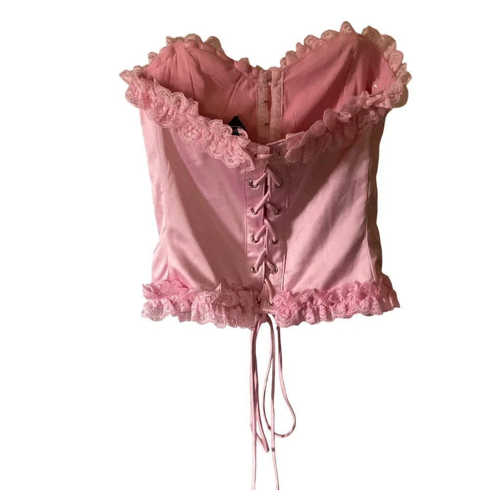 Windsor Women Y2K Pink Satin Coquette Lace Up Ruffle Corset Top Small Festival - Picture 2 of 8